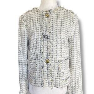 Zara Basic Cropped Tweed Jacket Blue Yellow Fringe Trim Floral Brooch Buttons XS